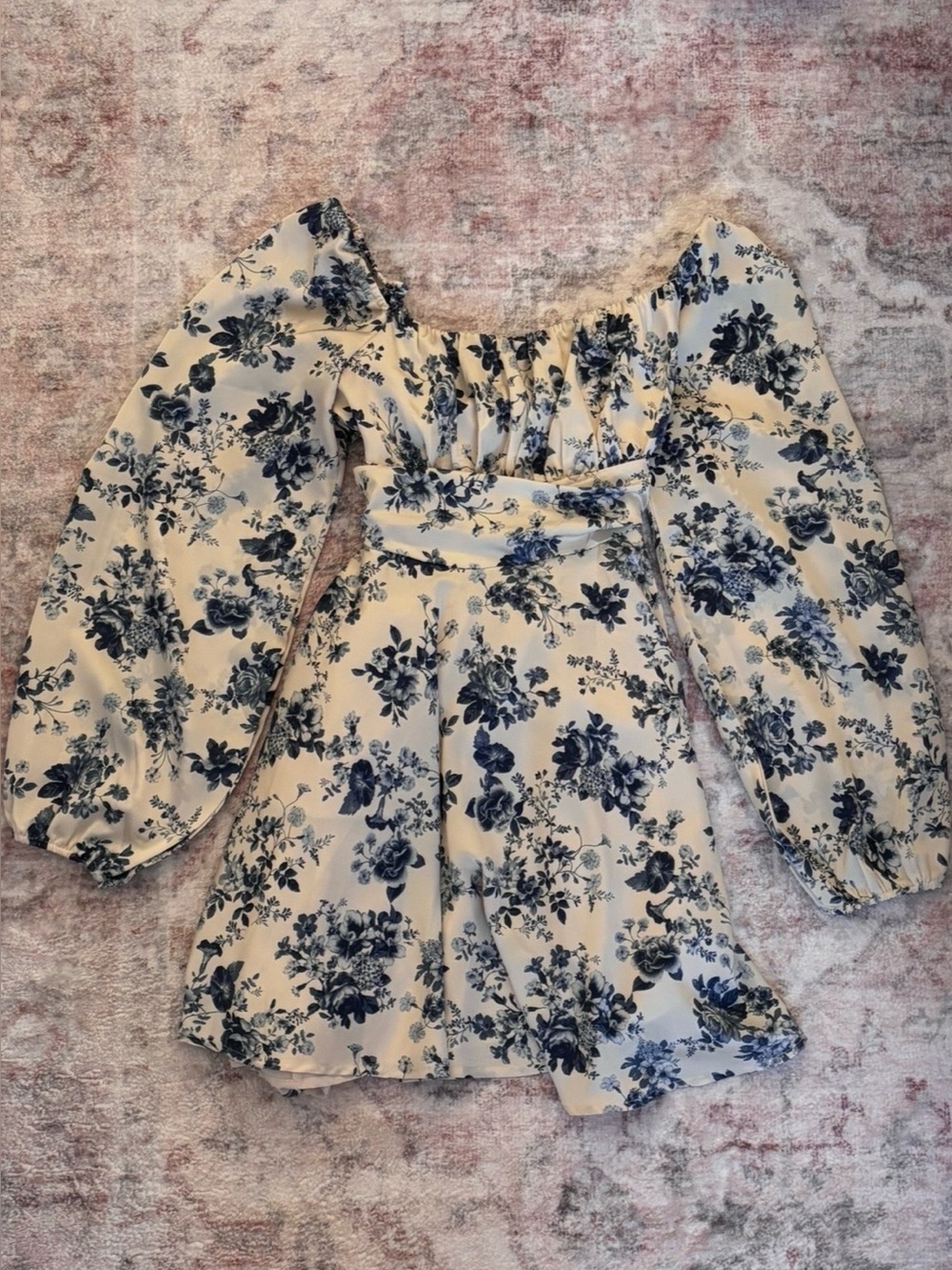 Lovely Day Cream and Blue Floral Long Sleeve Mini Dress